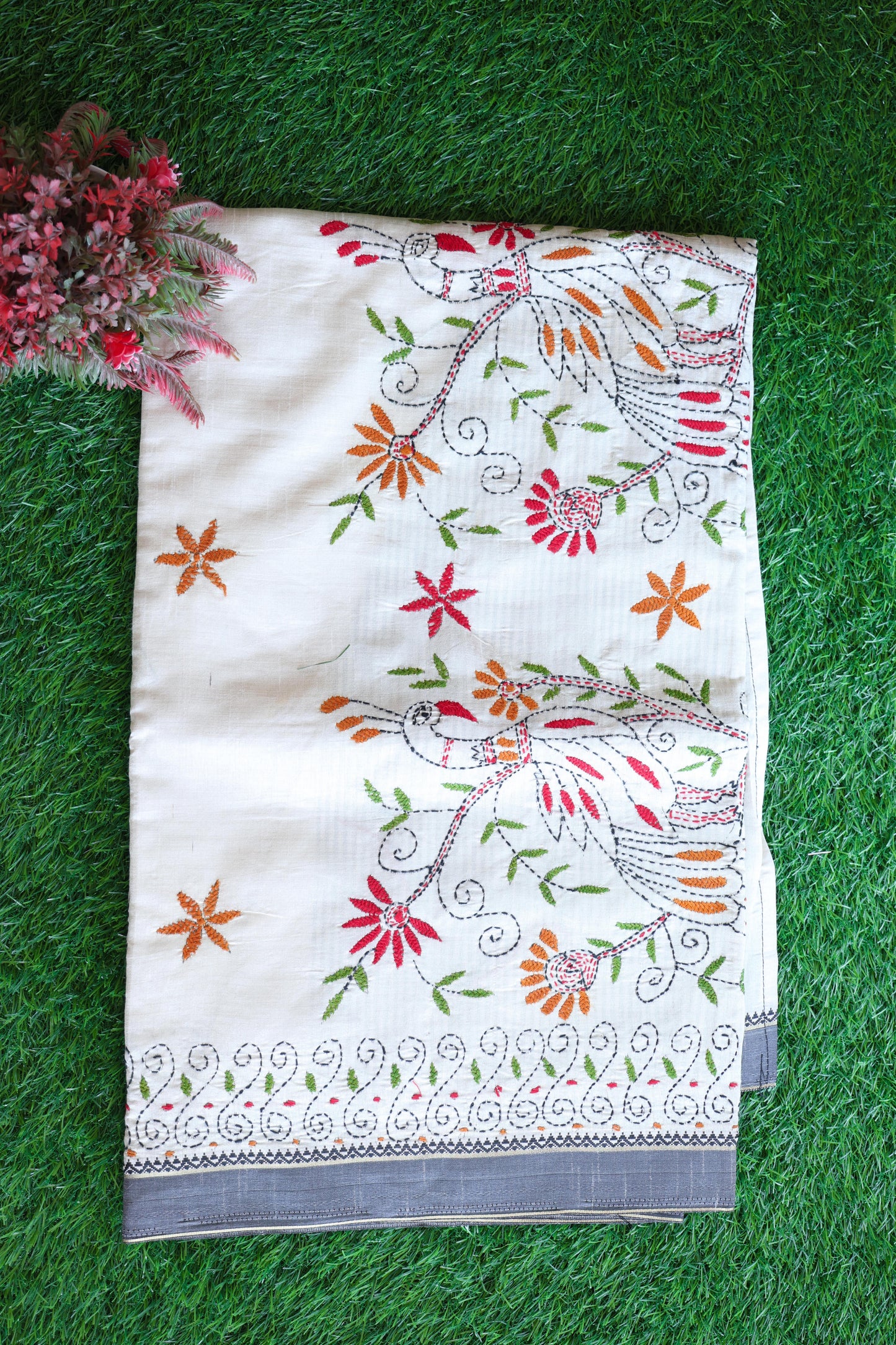 semi tussar with kantha work Velmayil Silks