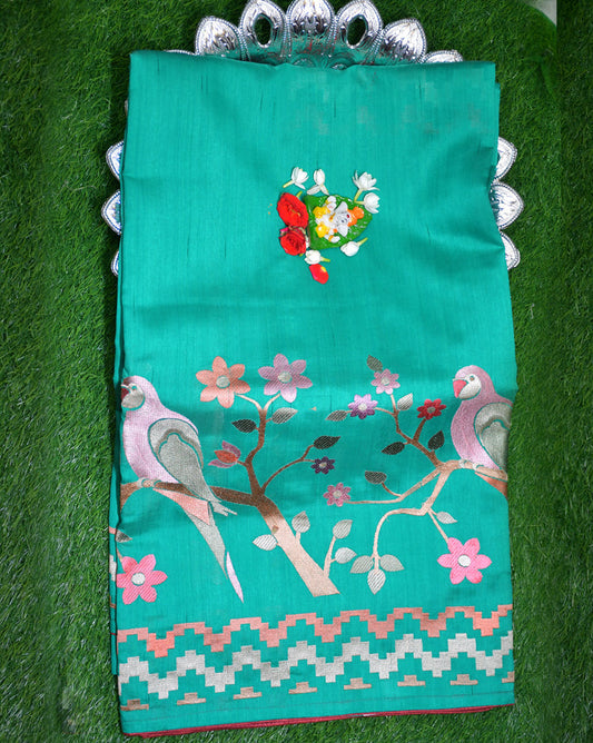 Tussar parrot design embroidery Velmayil Silks
