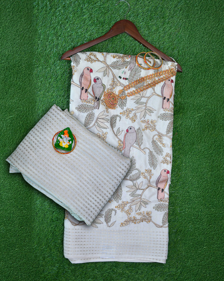 Satin tissue with embroidery and parrot design