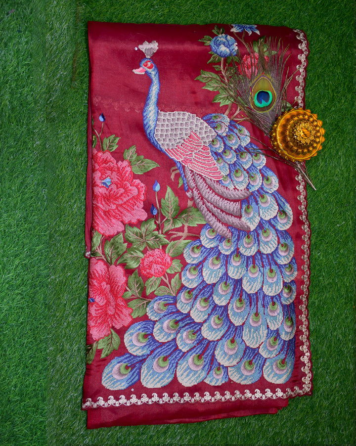 Pure tissue silk peacock design