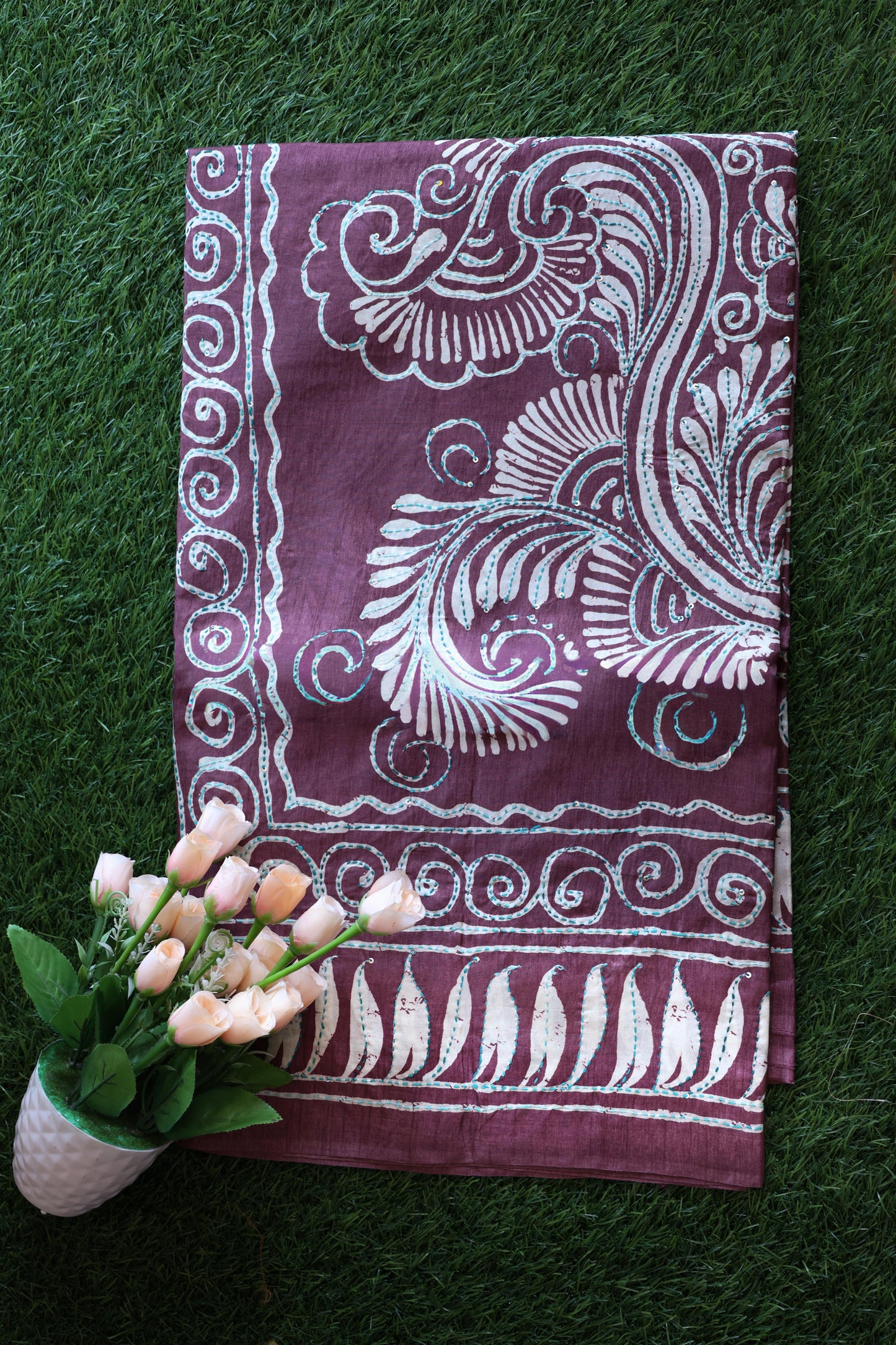 tussar with kantha work Velmayil Silks