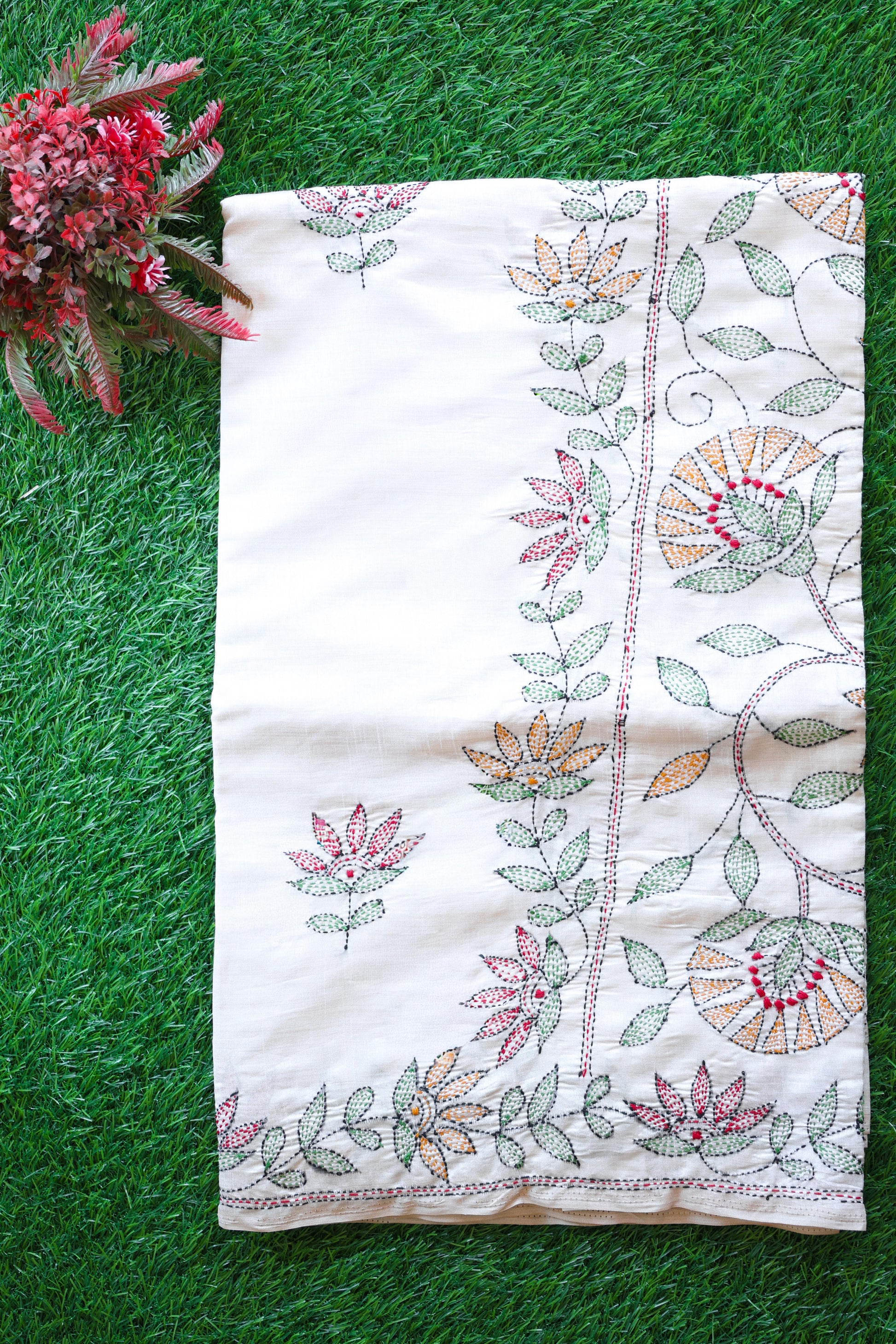 semi tussar with kantha work Velmayil Silks