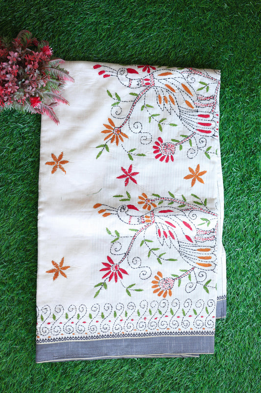 semi tussar with kantha work Velmayil Silks