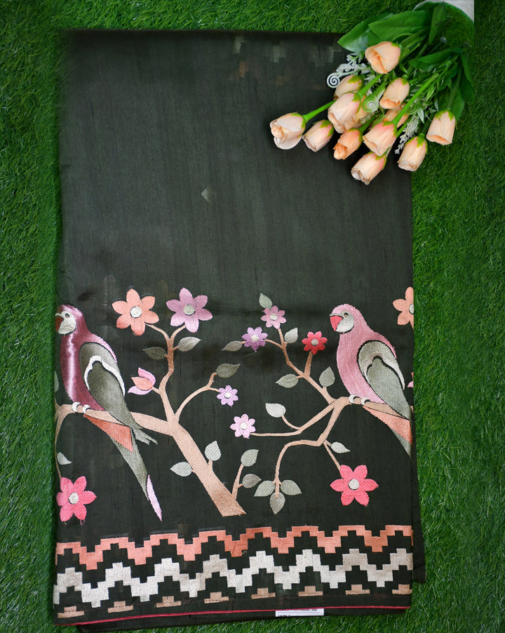 Tussar parrot design embroidery Velmayil Silks