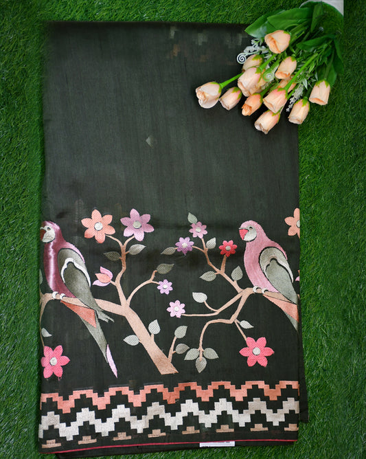 Tussar parrot design embroidery