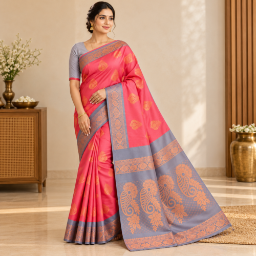 Elegant Coral-Pink Silk Saree Portrait Soft silk