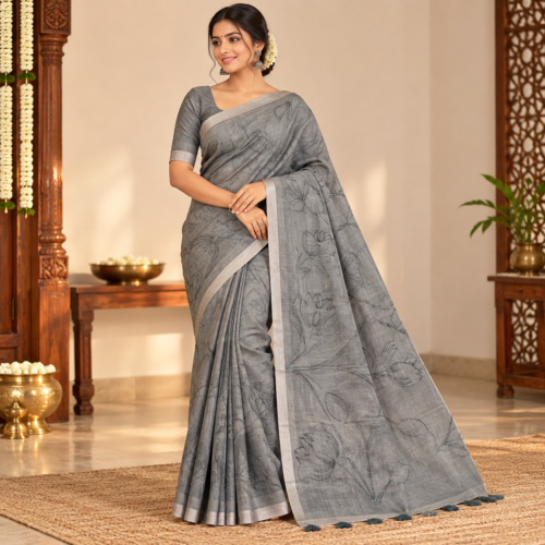 Elegant Grey Saree Portrait Linen Embroidery work saree