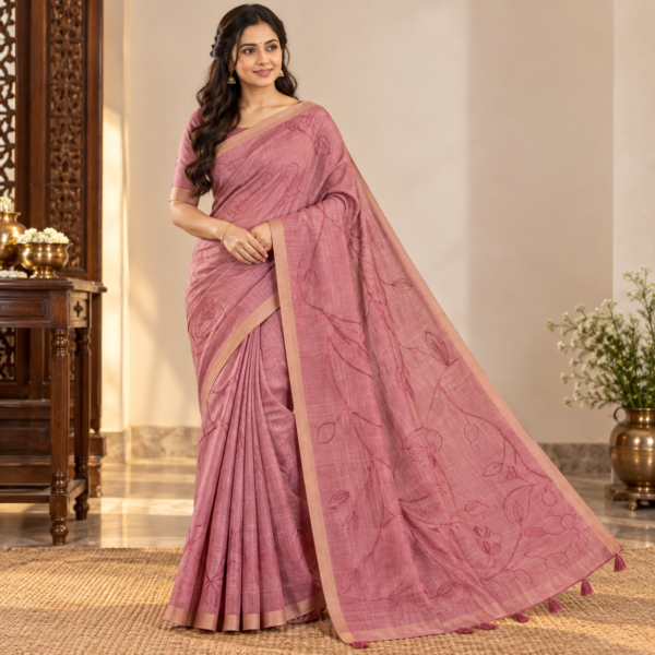 Elegant Mauve Saree Portrait Linen Embroidery work saree