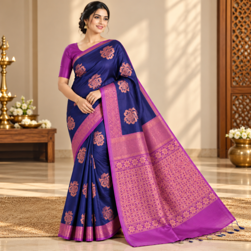 Elegant Navy and Magenta Saree Portrait Soft silk