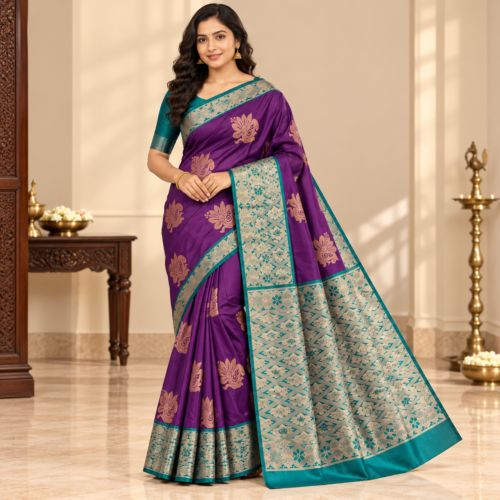 Elegant Purple and Teal Saree Portrait Soft silk