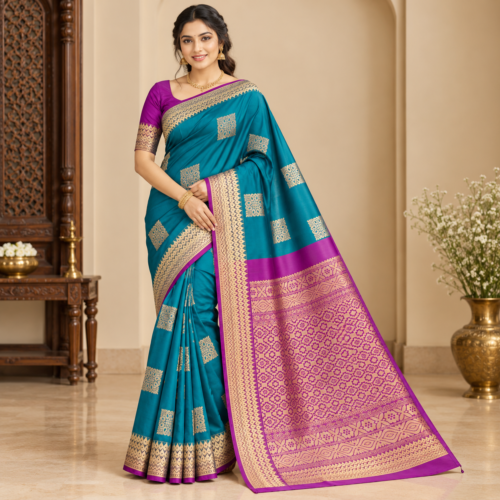 Elegant Teal and Magenta Saree Portrait Soft silk