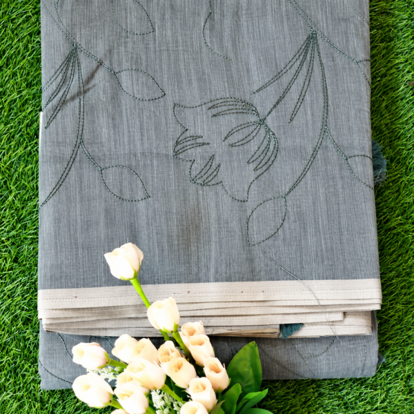 Embroidered Grey Textile on Green Grass Linen Embroidery work saree