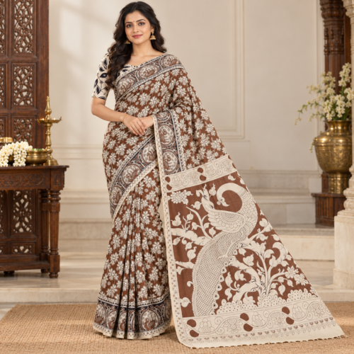 Heritage Elegance in Peacock Print Saree Kalam kari saree