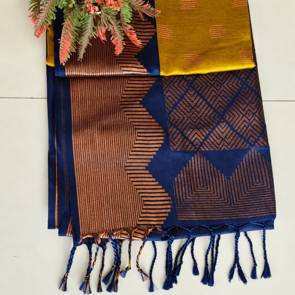 Mustard and Navy Brocade with Tassels Soft silk