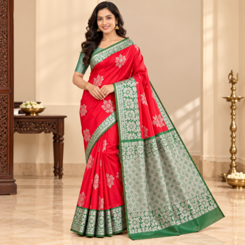 Red Saree with Green Blouse in Traditional Interior Soft silk