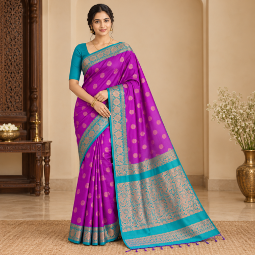 Vibrant Magenta Saree in Traditional Interior Soft silk